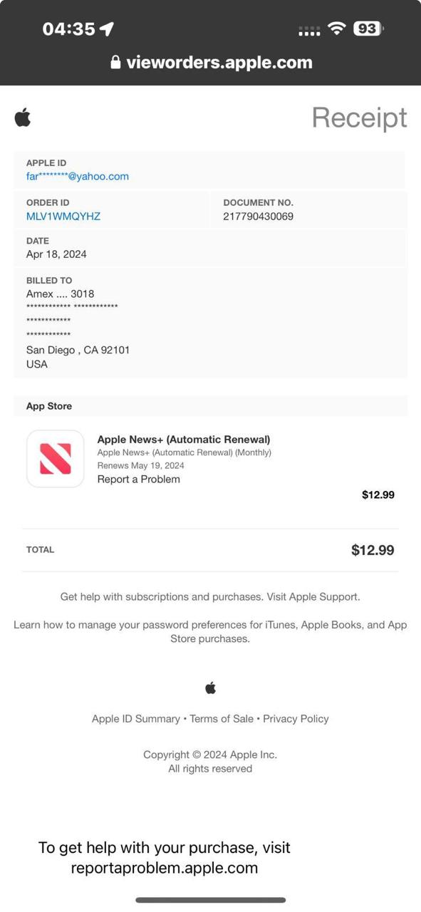 18 Apr 2024 — Apple News+ receipt