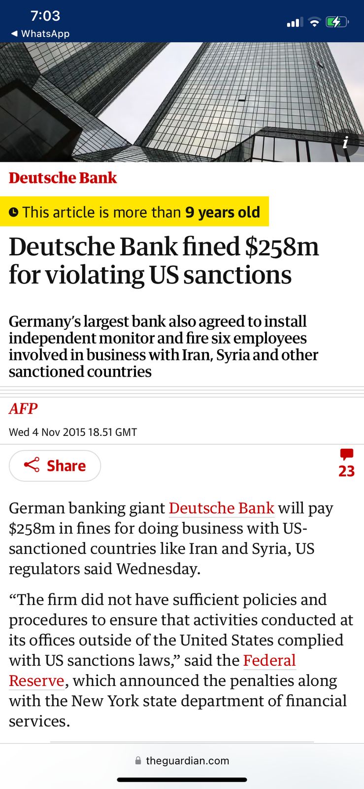 Deutsche Bank — $258 million U.S. sanctions penalty (the bank)