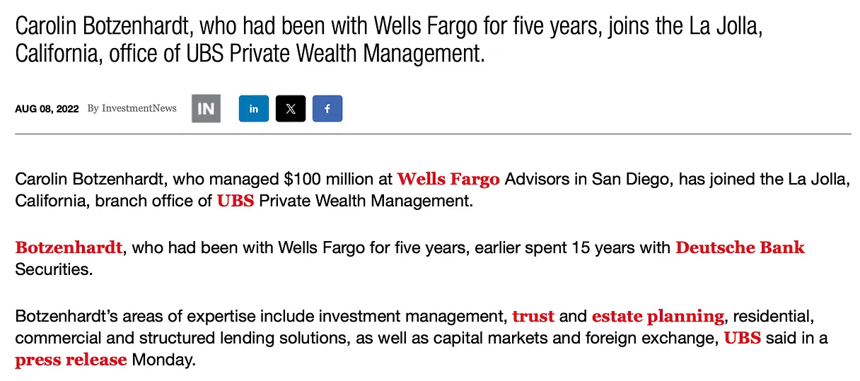 InvestmentNews — five years Wells Fargo, then UBS La Jolla