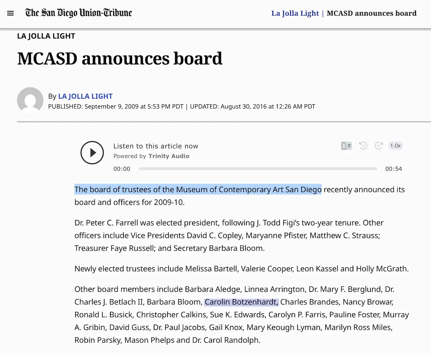 La Jolla Light — MCASD board listing