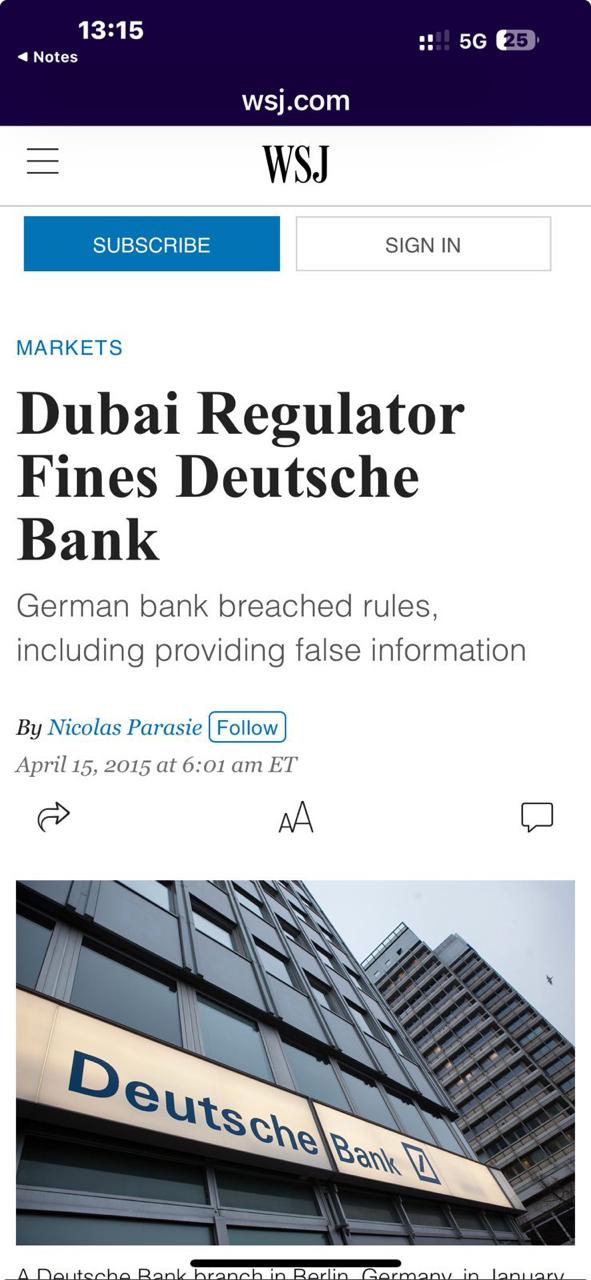 WSJ — Dubai regulator fines Deutsche Bank (different case)