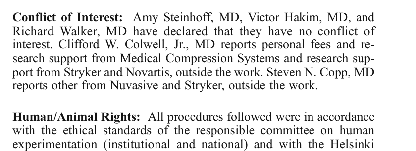 Same paper — Walker declared no conflict of interest. Colwell: Stryker research support, outside the work.