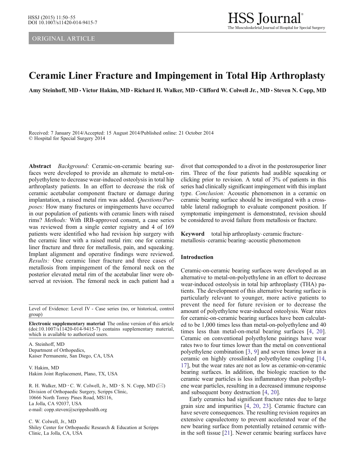 Ceramic liner fracture — Walker and Colwell; Trident PSL / Secur-Fit / Biolox