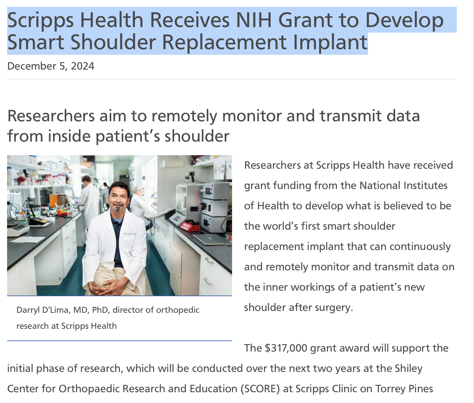 5 Dec 2024 — NIH smart-shoulder grant. D’Lima, SCORE. Remote monitor and transmit.