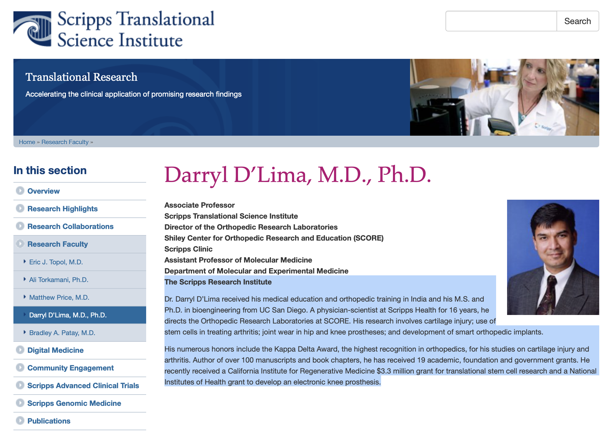 D’Lima — SCORE laboratory director; associate professor, Scripps Translational Science Institute