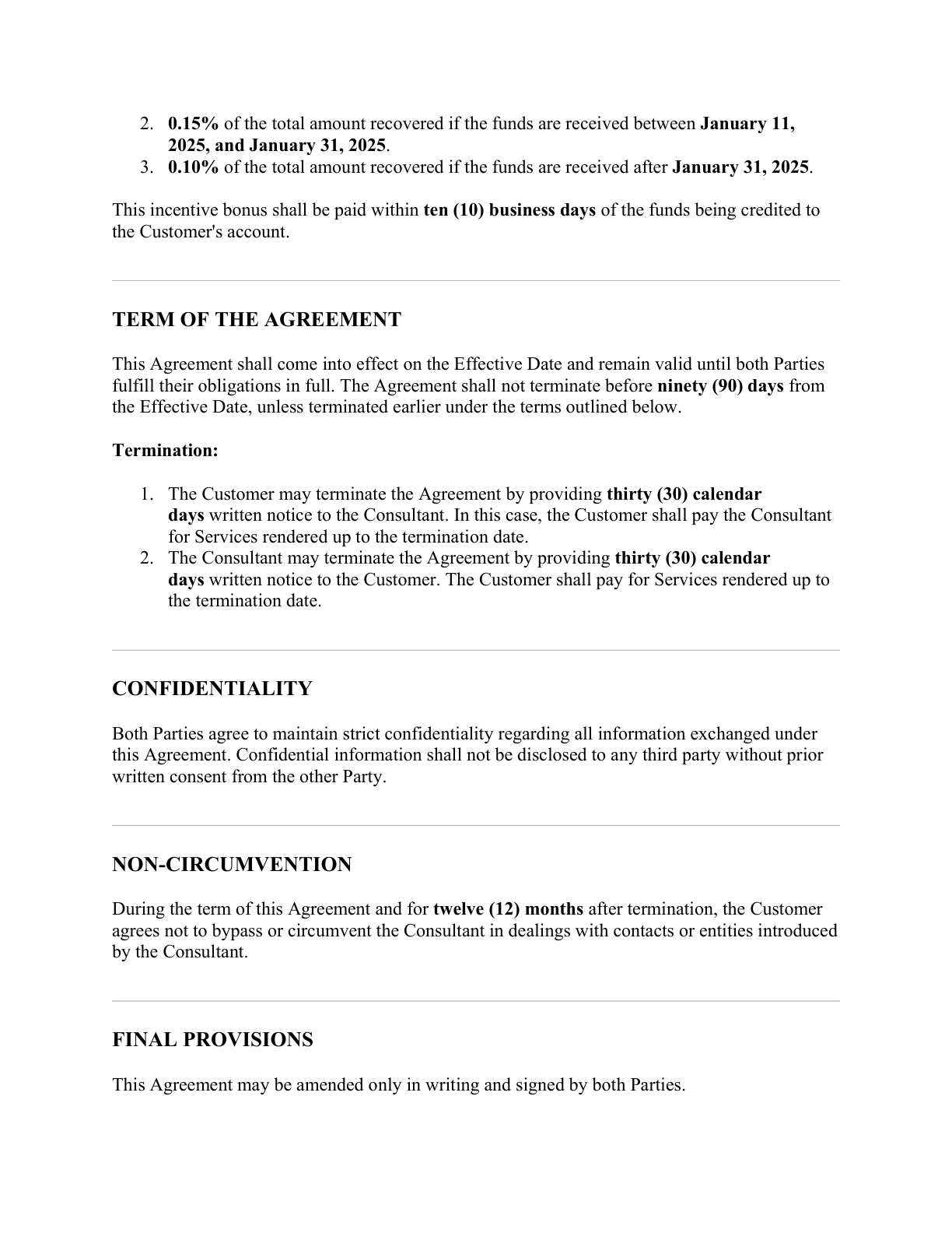 Page 3 — remaining bonus steps, term, confidentiality, non-circumvention