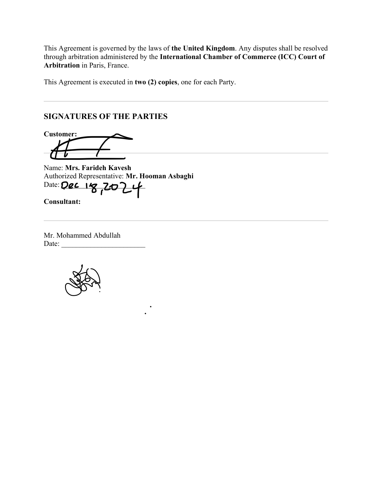 Hooman signs as authorized representative, 18 Dec 2024. Consultant date blank.