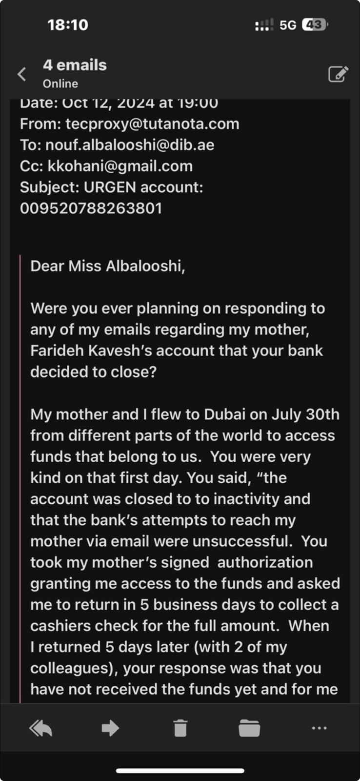 12 Oct 2024 — outbound mail to DIB about a closed account