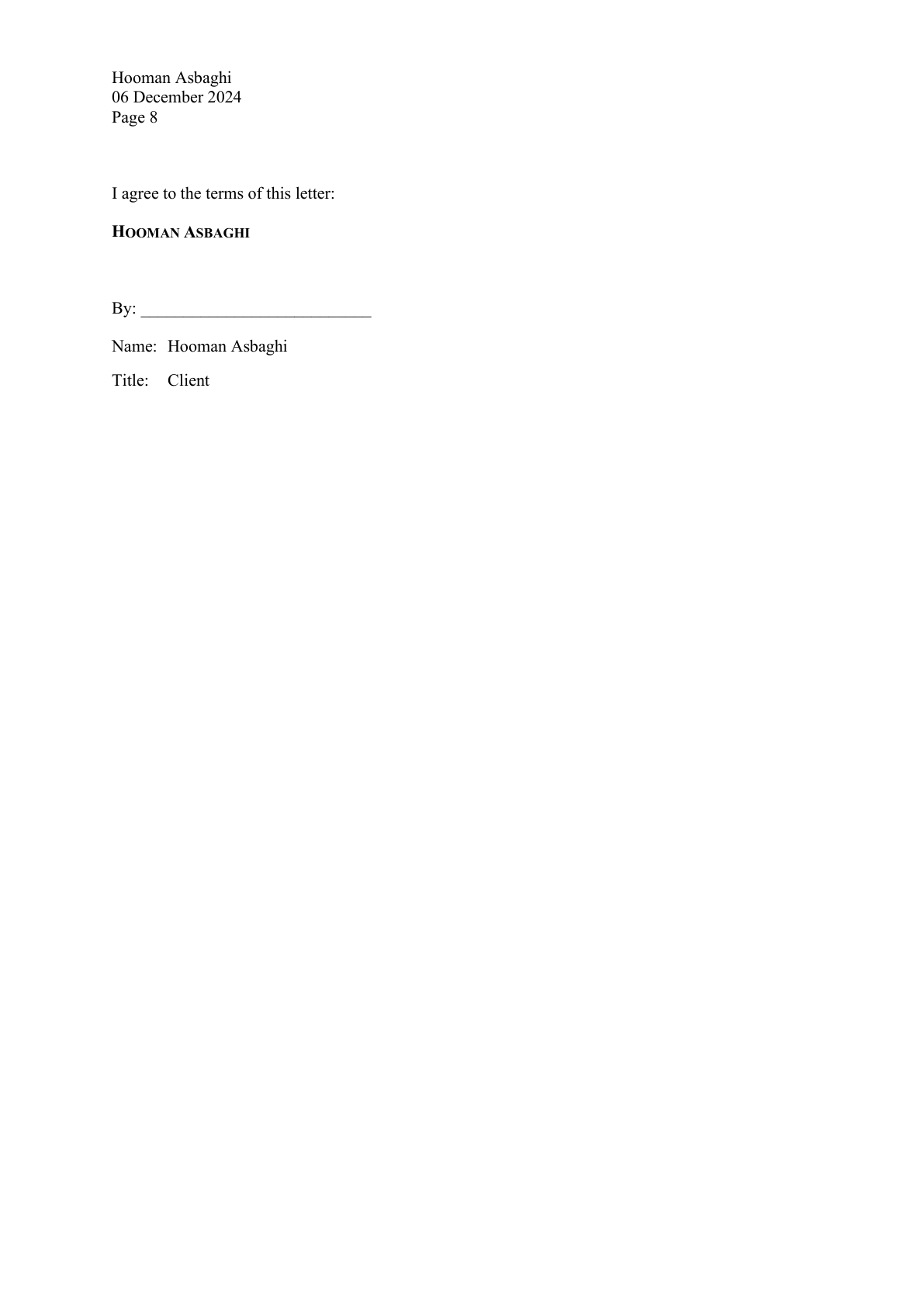 Page 8 — countersignature blank. Title: Client. Name: Hooman Asbaghi