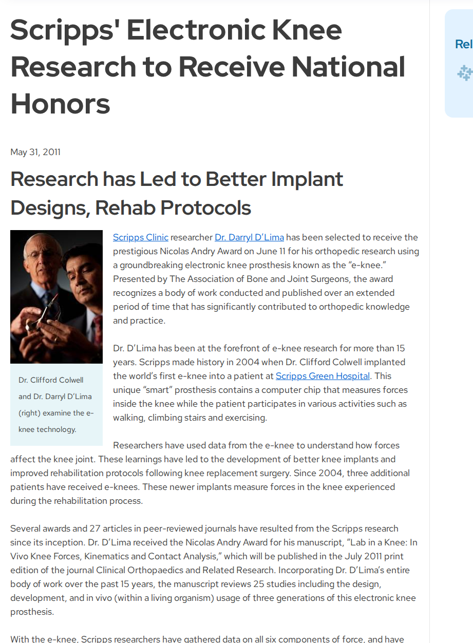 Andry Award — 15 years of e-knee work; next-generation smart knee as a goal