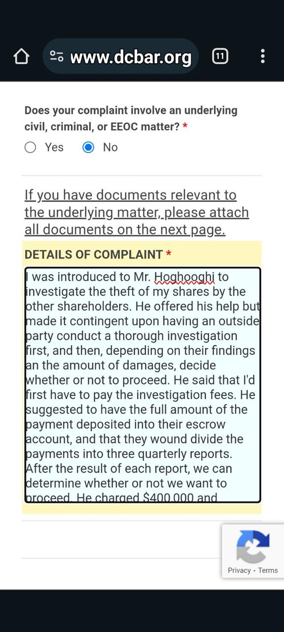 DC Bar form — introduced to Hoghooghi to investigate theft of shares. $400,000 as he typed it.