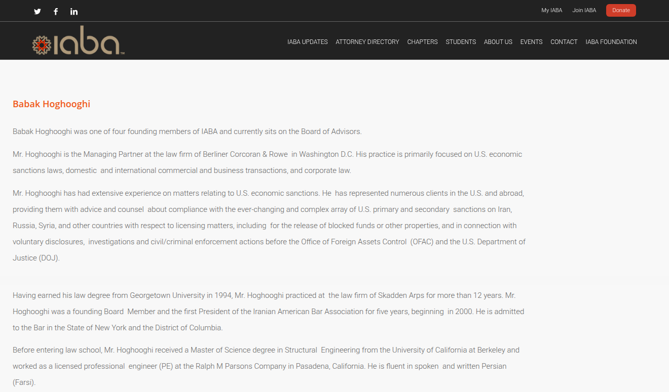 IABA — founding member and first President beginning 2000. Sanctions practice as printed.