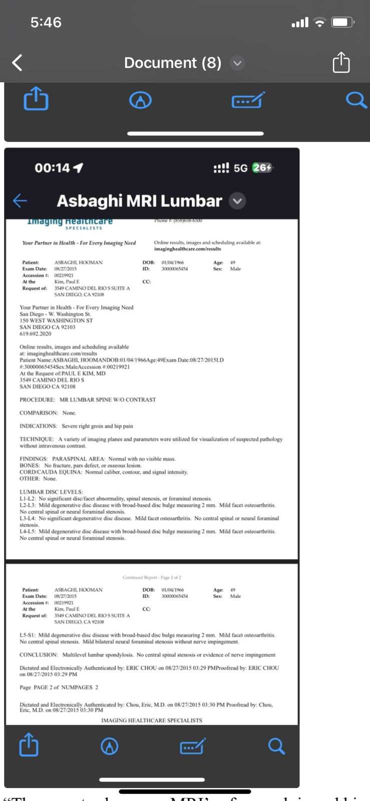 Same day — MR lumbar spine. Indication: severe right groin and hip pain.