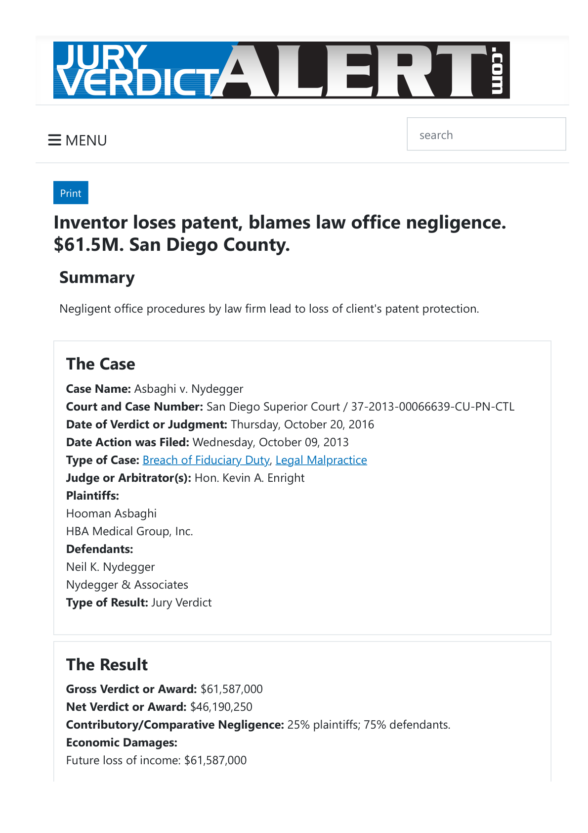 Jury Verdict Alert — $61.5M. October on this page is the listing, not the trial morning.