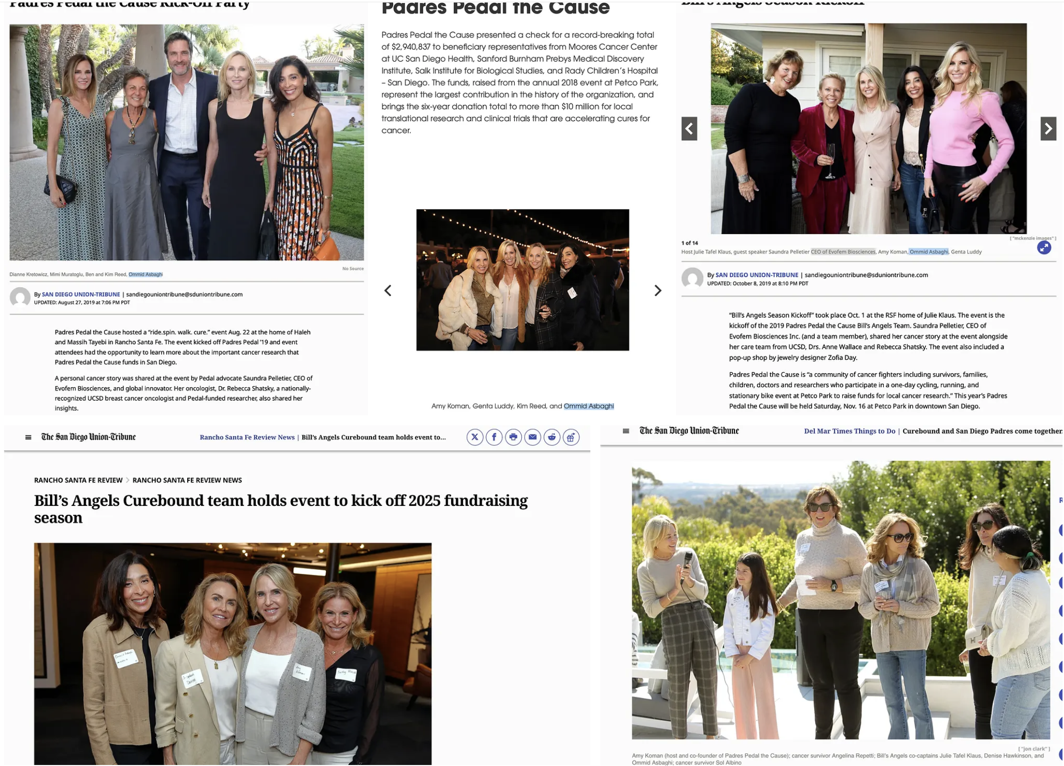 Union-Tribune and Rancho Santa Fe Review captions, 2019–2025 — Ommid Asbaghi in Pedal / Bill’s Angels coverage