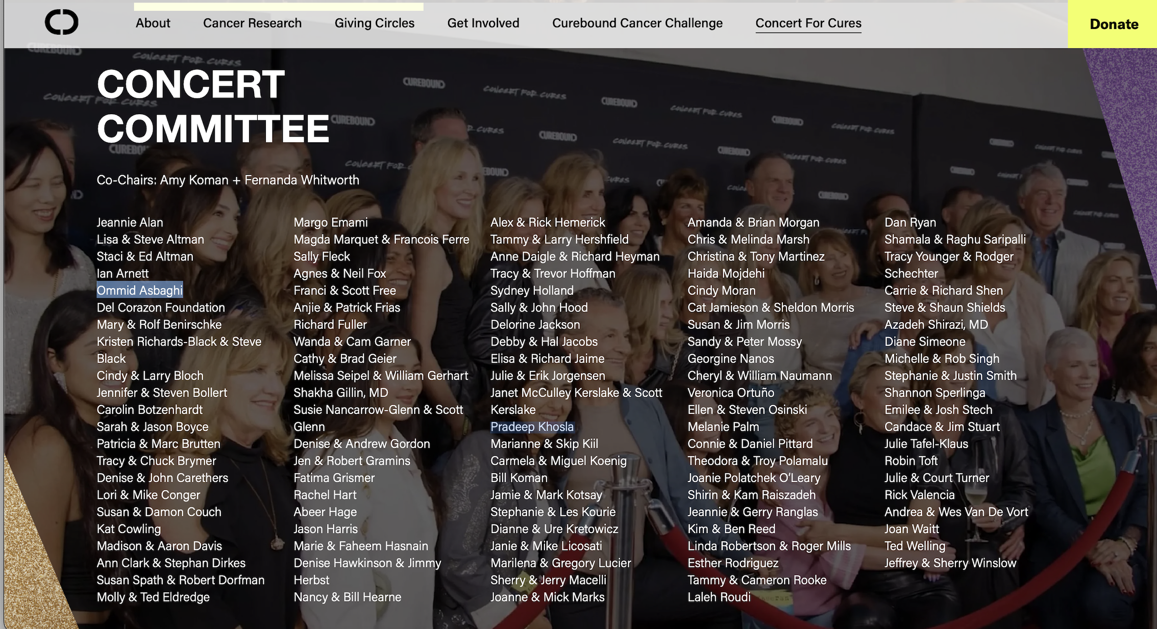 Curebound Concert Committee — Ommid Asbaghi and Pradeep Khosla highlighted. Carolin Botzenhardt is listed.
