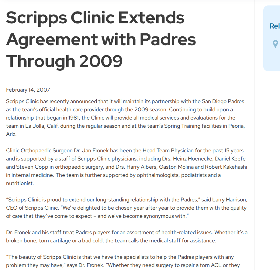 Scripps Clinic extends Padres agreement through 2009 — Fronek and Harrison