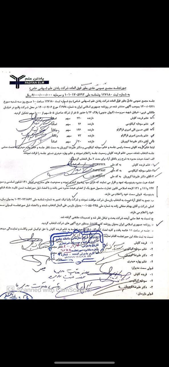 21 Ordibehesht 1400 — five partners, 505 of 1,000, his name not in the room