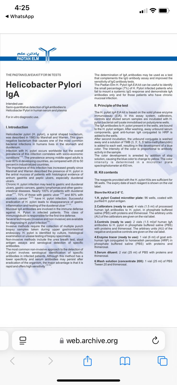 Padtan Elm Helicobacter pylori IgA kit insert