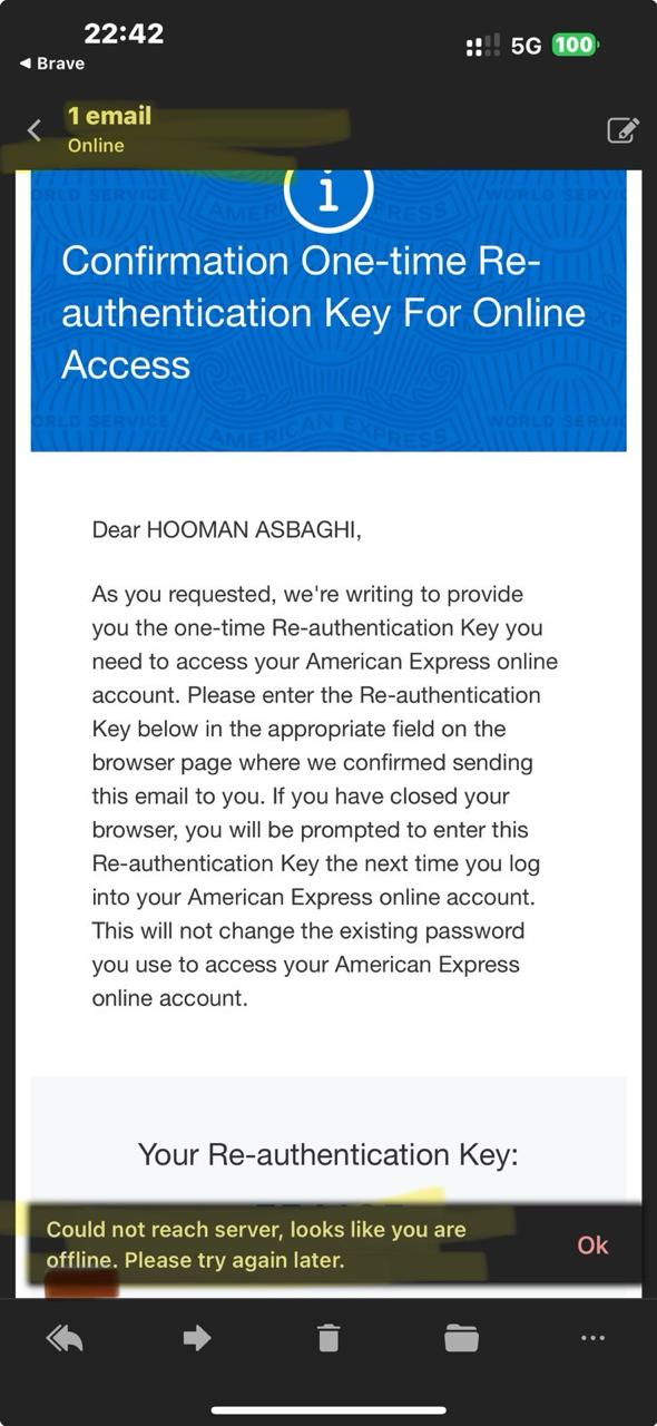 Amex re-auth mail — looks like you are offline