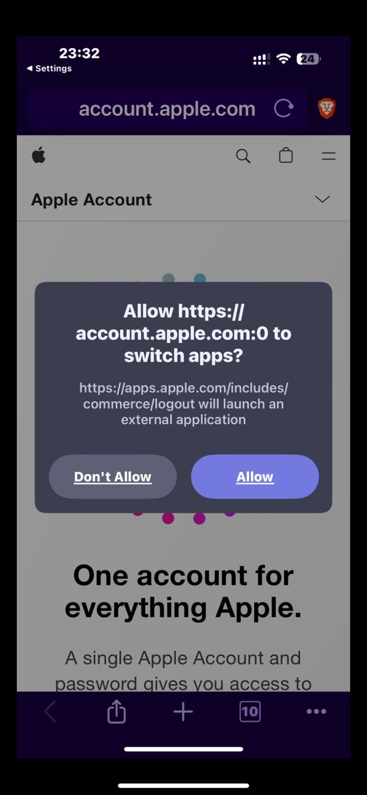 Safari — account.apple.com:0 asked to switch apps