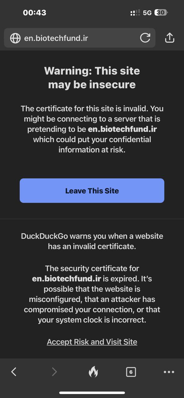 DuckDuckGo — en.biotechfund.ir, certificate expired