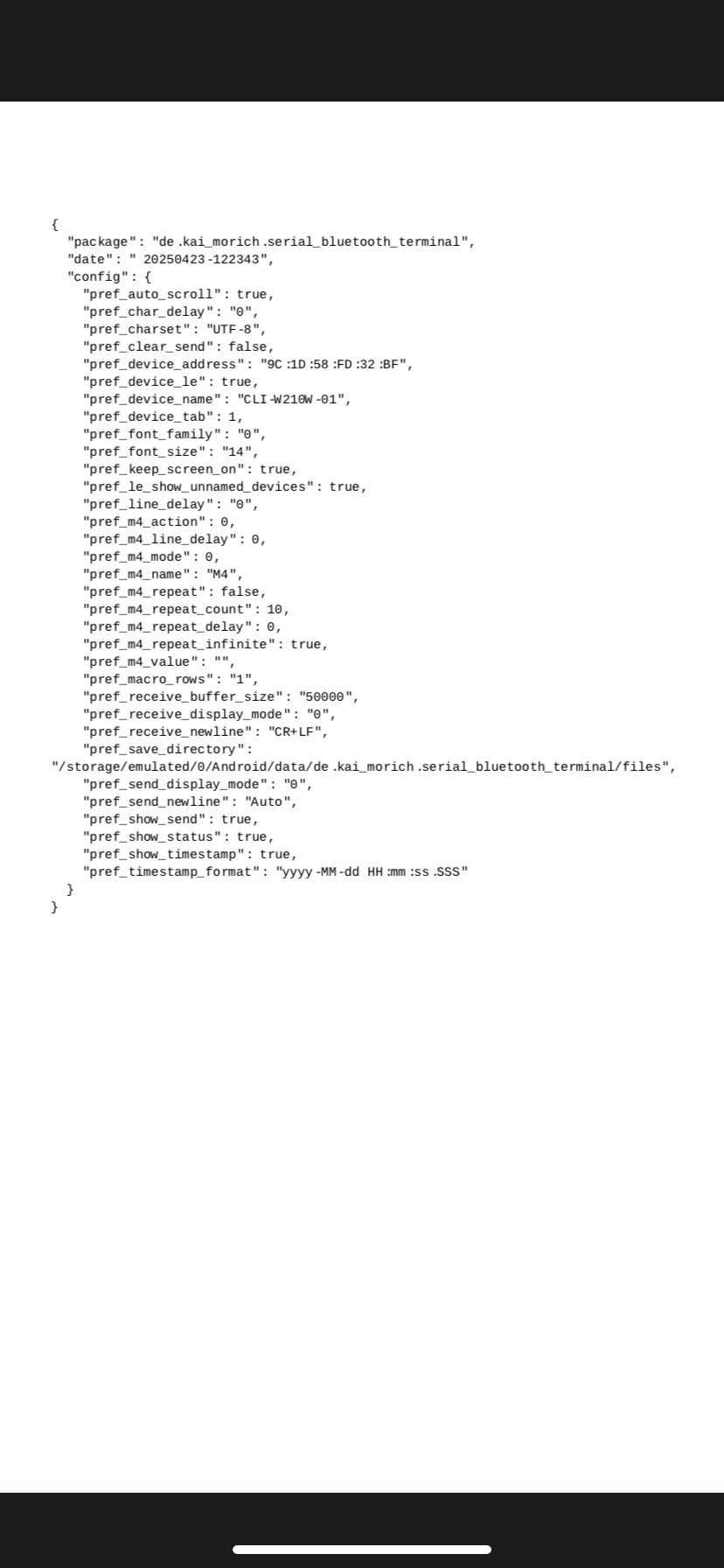 Serial Bluetooth Terminal — saved config, not thermostat firmware