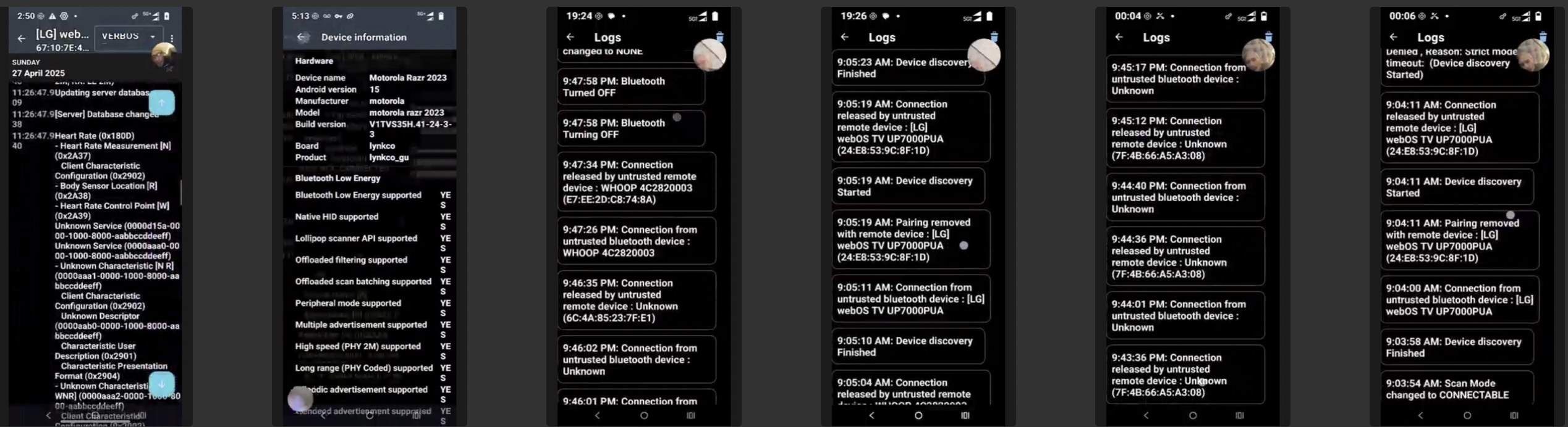 The same night, side by side — heart-rate log, WHOOP, LG, Unknown