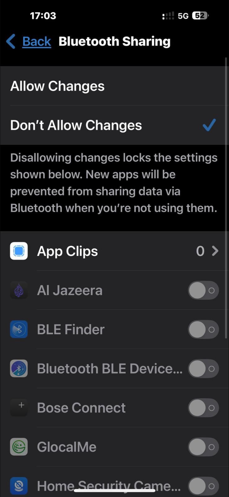 Bluetooth Sharing lock — 17:03