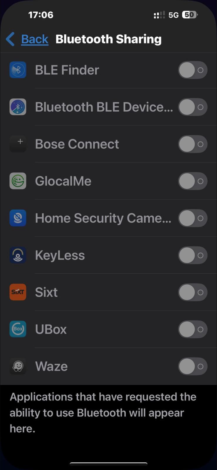 Bluetooth Sharing — toggles off