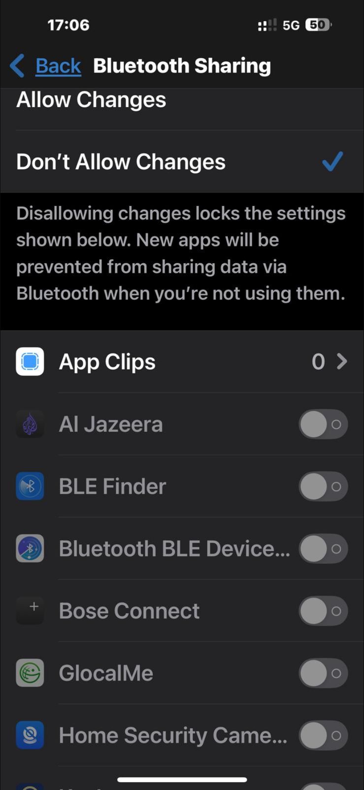 Bluetooth Sharing — Don’t Allow Changes