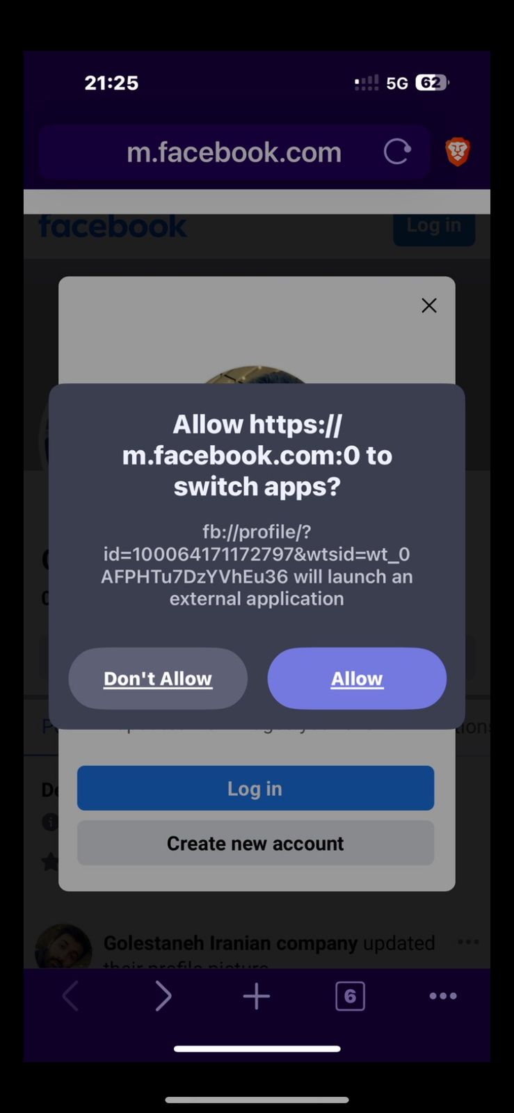 Brave — m.facebook.com:0 asked to switch apps, Golestaneh behind