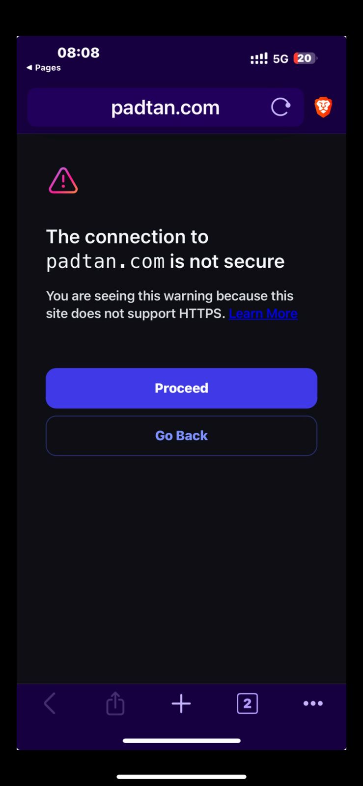 Brave — padtan.com, connection is not secure, site does not support HTTPS