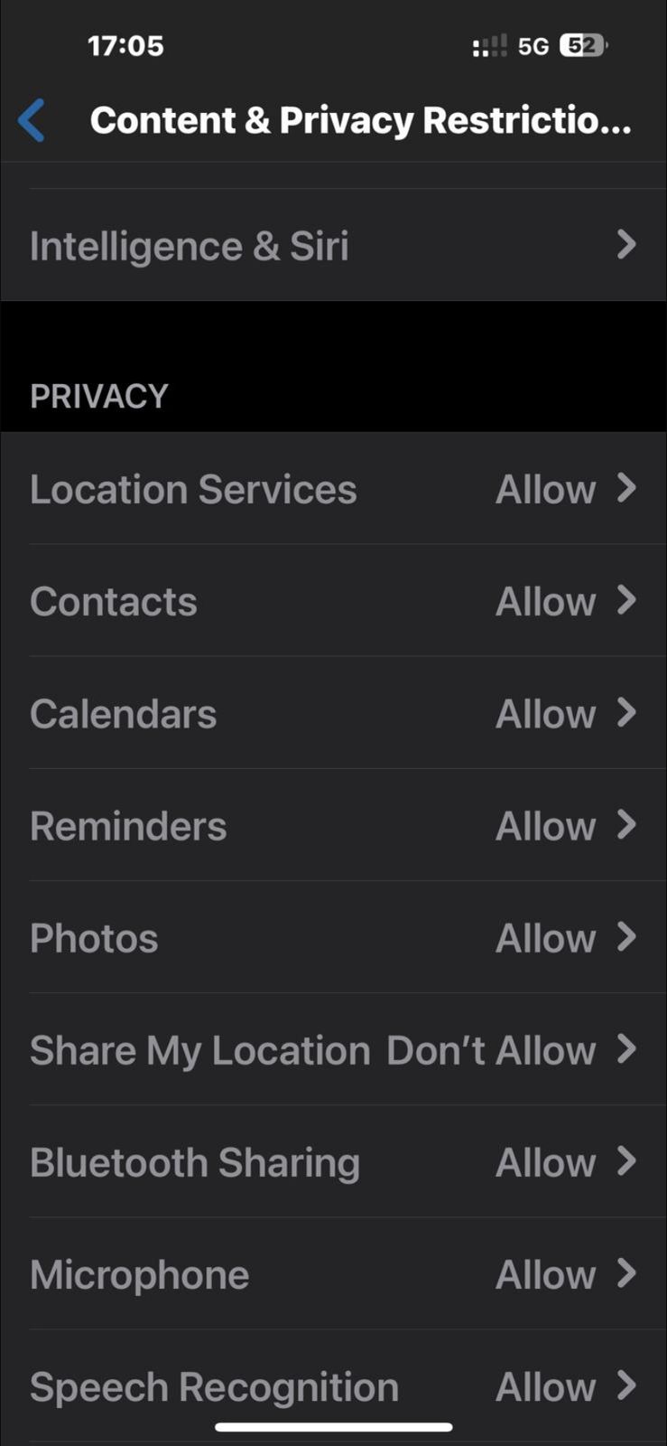 Screen Time — Content & Privacy Restrictions, mixed Allow / Don’t Allow