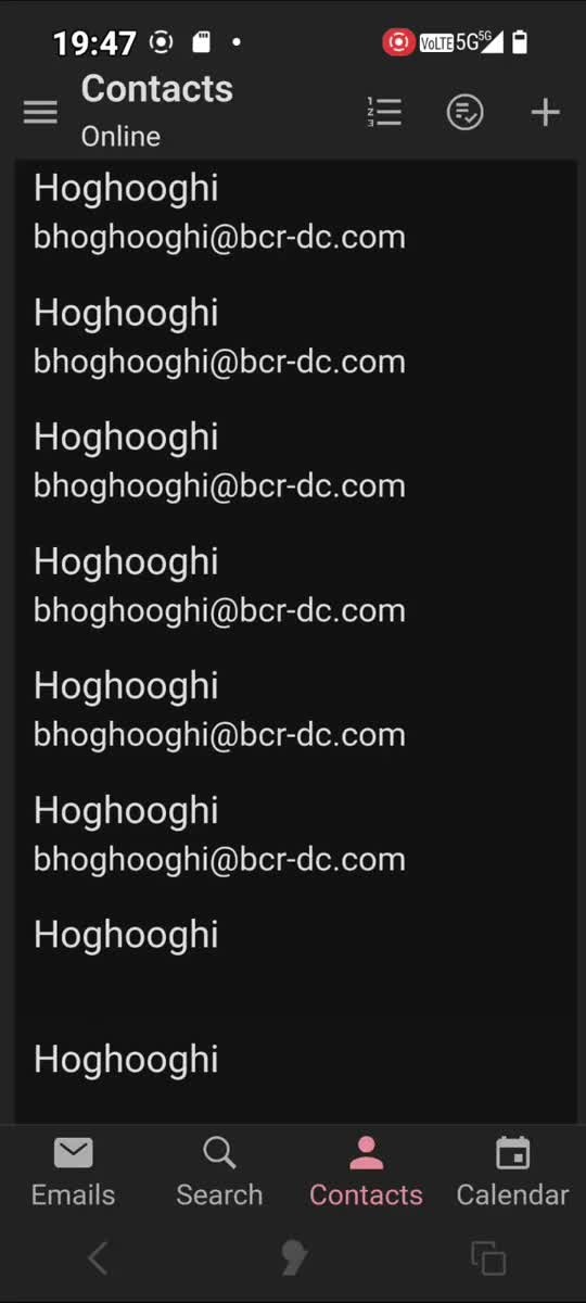 ProtonMail Contacts — names printed many times, including Hoghooghi