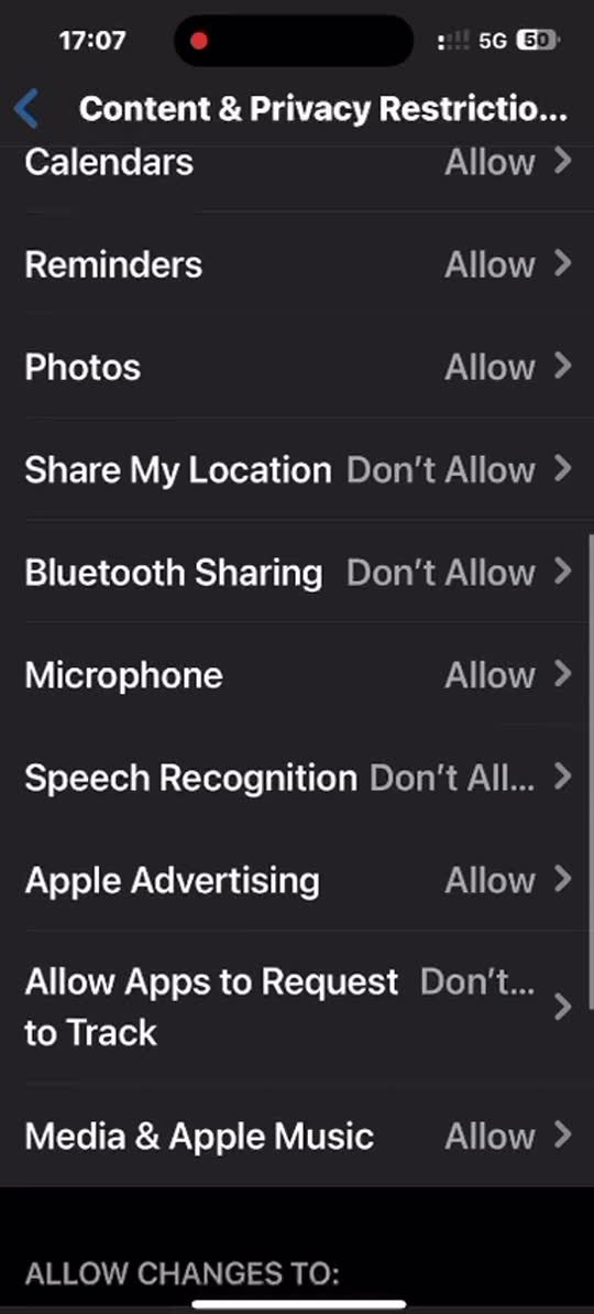 Screen Time recordings — restrictions on, then the master toggle off
