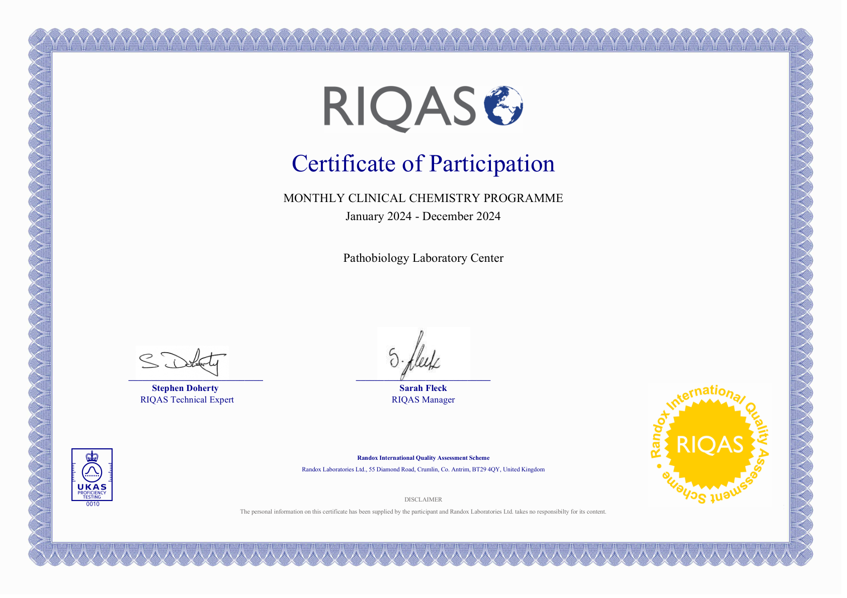 RIQAS 2024 — six UK participation certificates