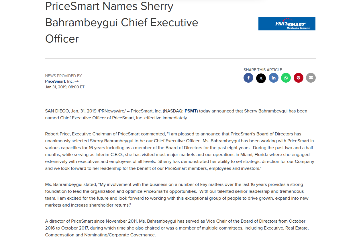 31 Jan 2019 — PriceSmart names Sherry Bahrambeygui Chief Executive Officer