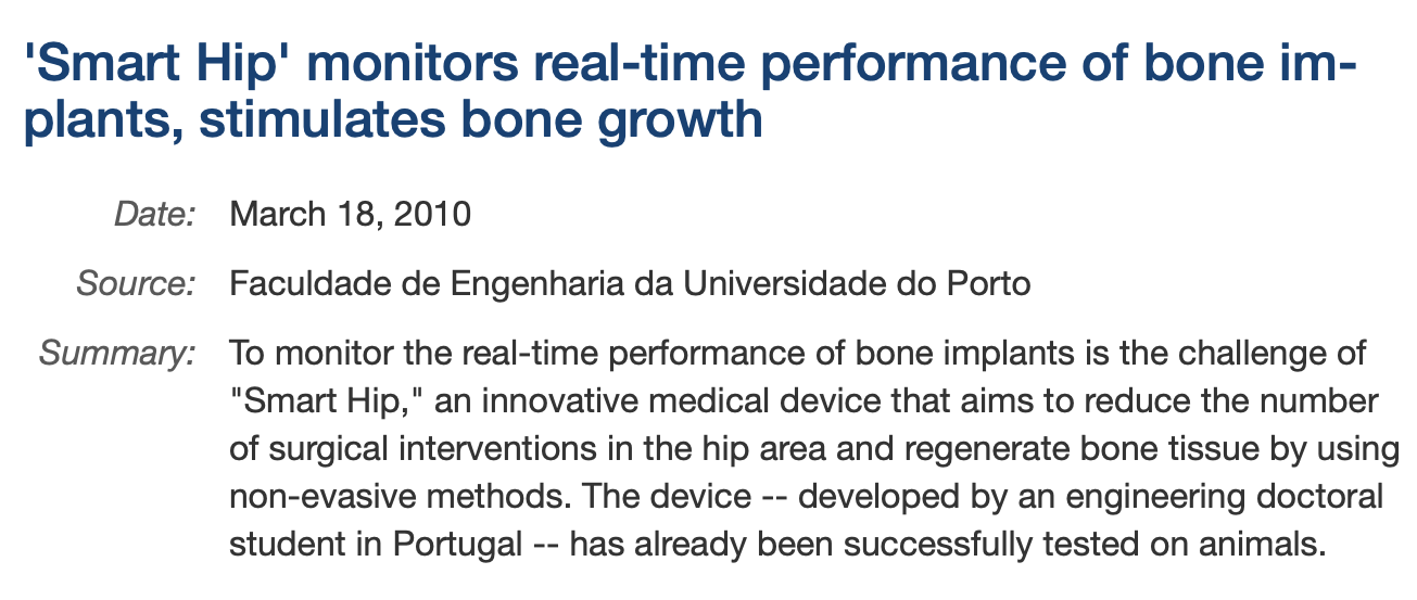 ScienceDaily — Porto Smart Hip, Bluetooth-activated sensors and actuators