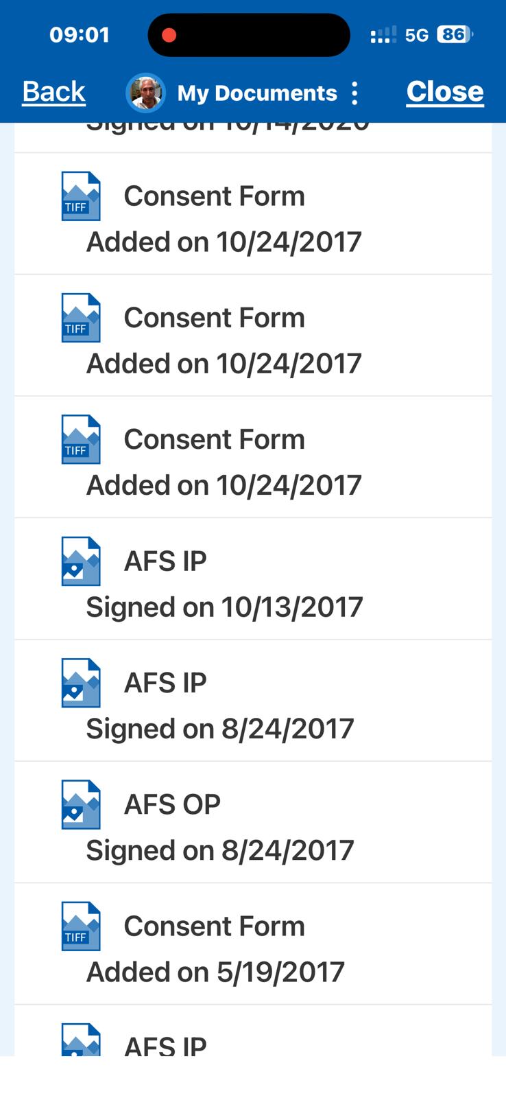 My Documents — three Consent Form rows added 10/24/2017