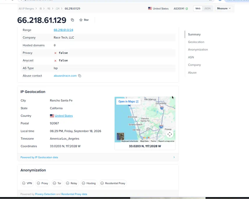 IPinfo — 66.218.61.129 as Race Tech, Rancho Santa Fe 92067