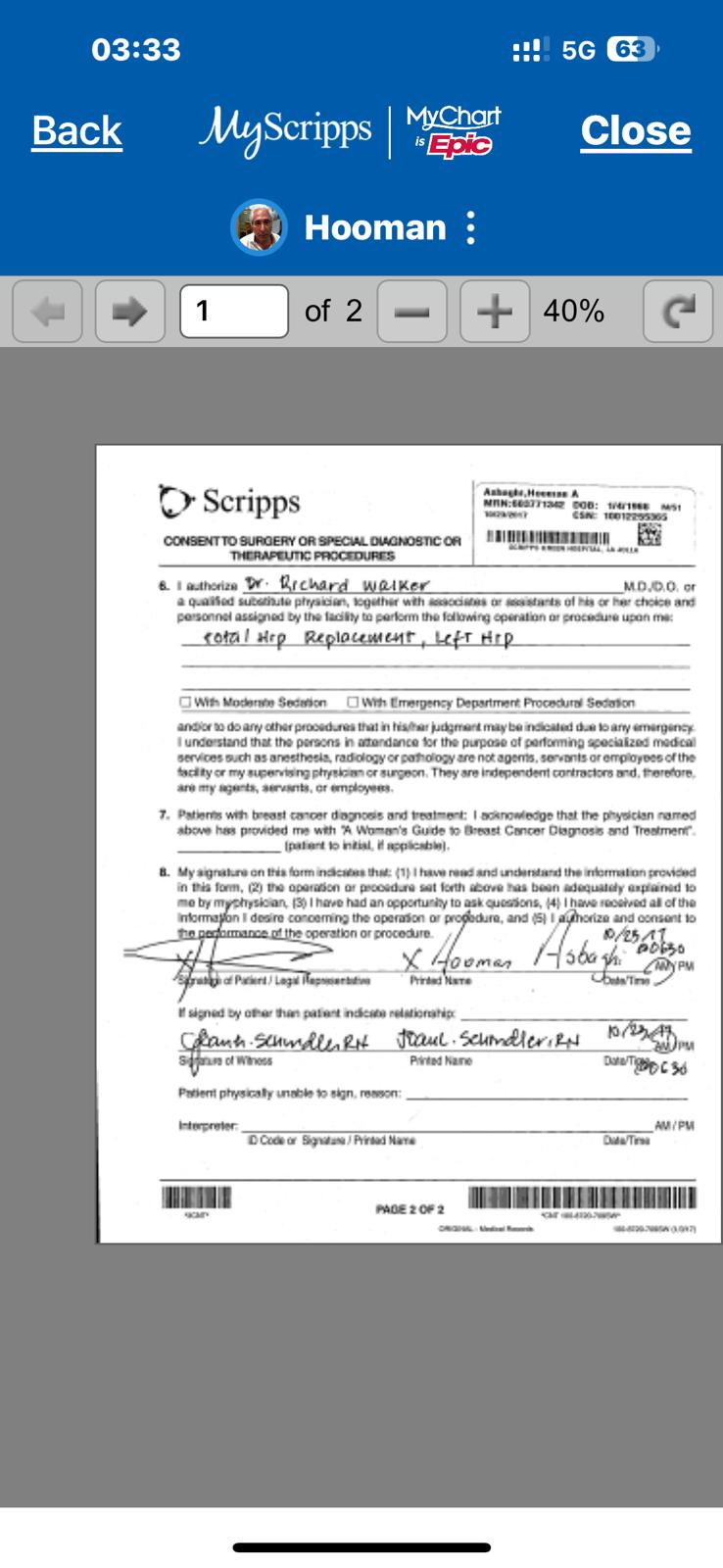 Consent to Surgery — Dr. Richard Walker, total Hip Replacement, Left Hip
