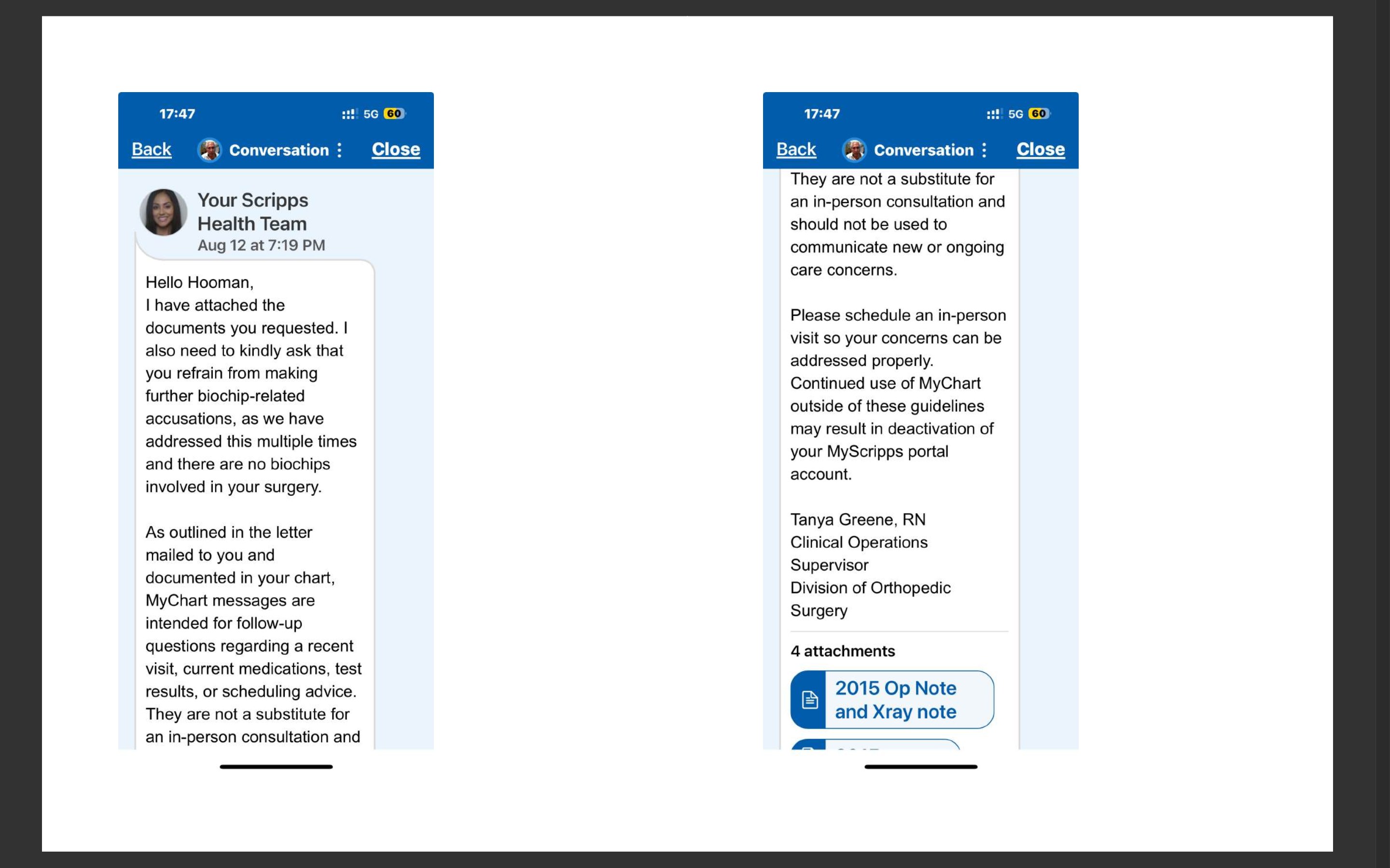 12 August — four attachments. “2015 Op Note and Xray note.” No biochips.