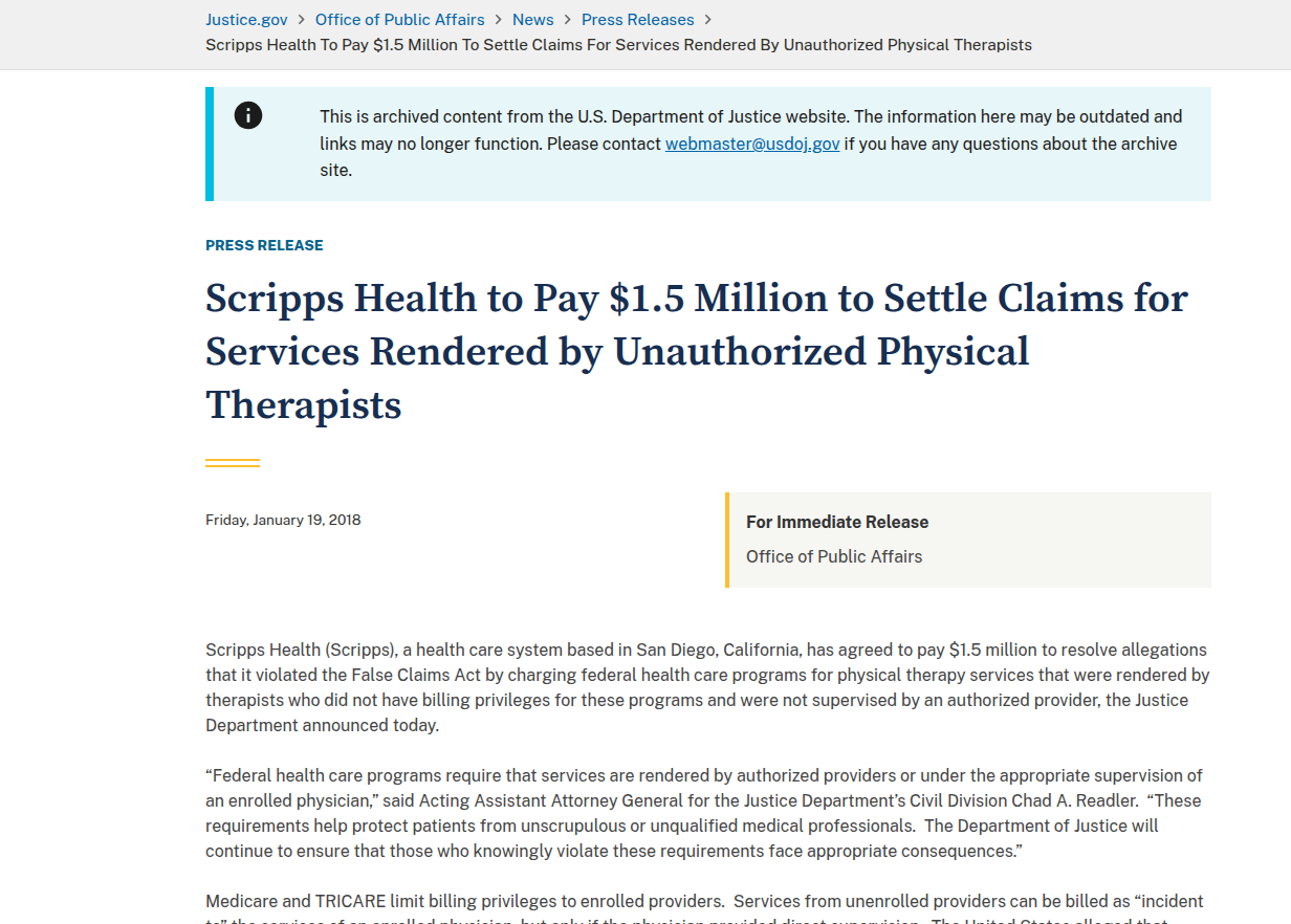 19 Jan 2018 — Scripps Health, $1.5 million, unauthorized physical therapists