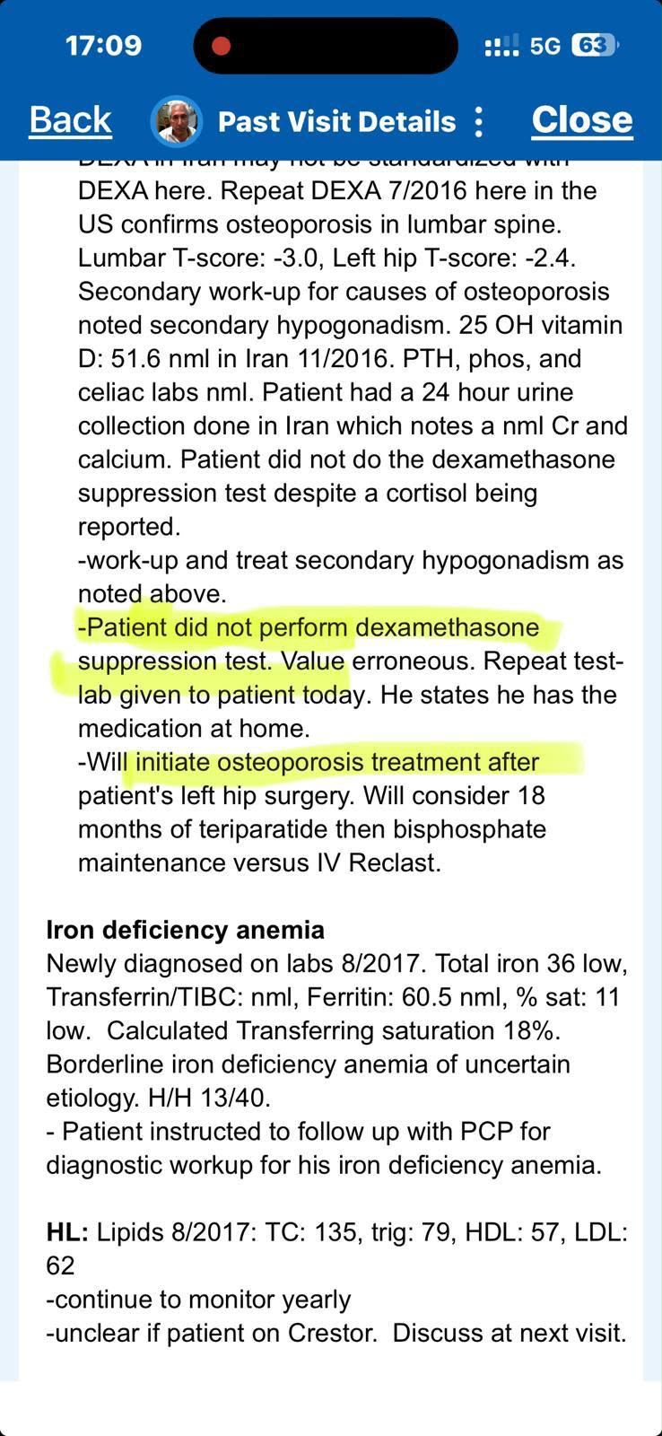 Same note, next screen — 25-OH vitamin D 51.6 nml in Iran 11/2016; 24-hour urine collection done in Iran