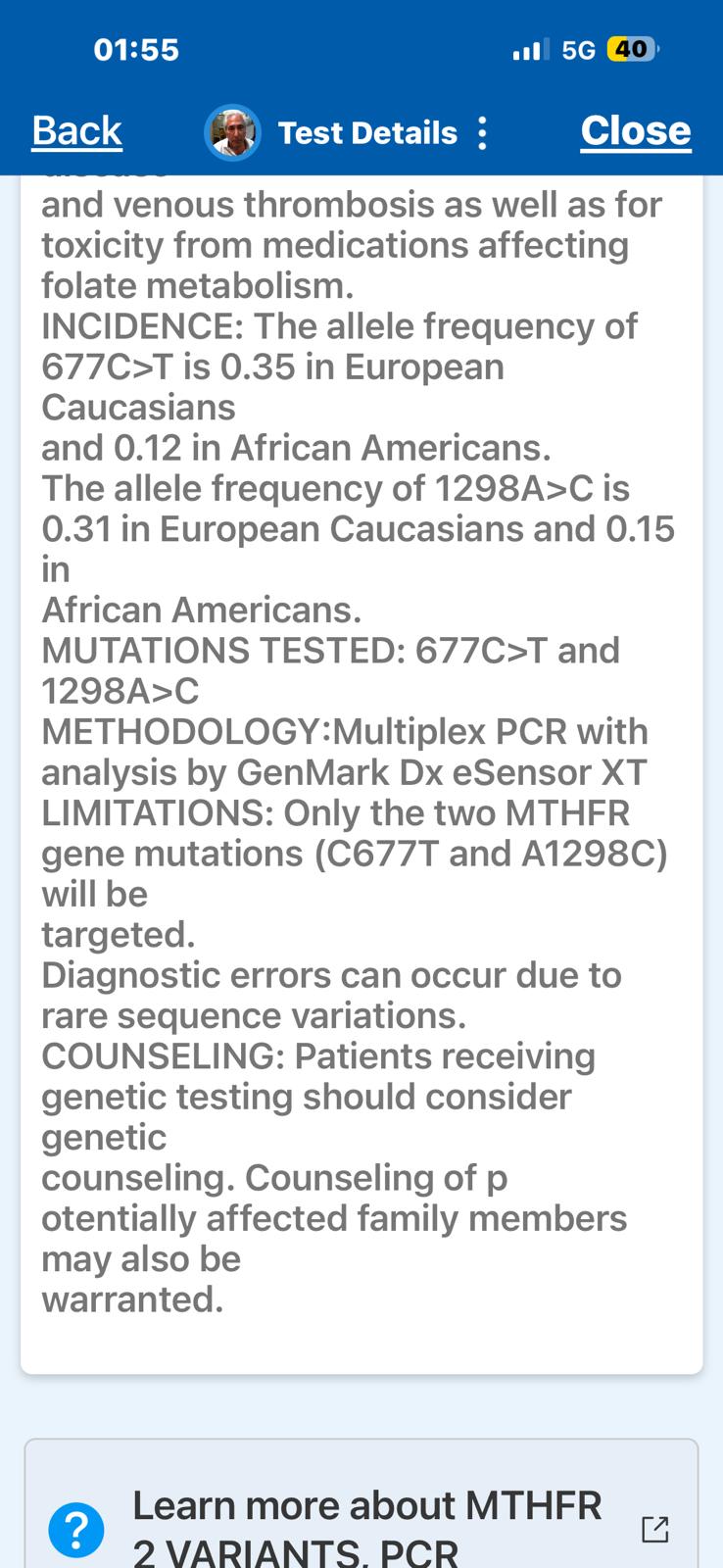 Assay footer — MUTATIONS TESTED: 677C>T and 1298A>C. Methodology GenMark Dx eSensor XT