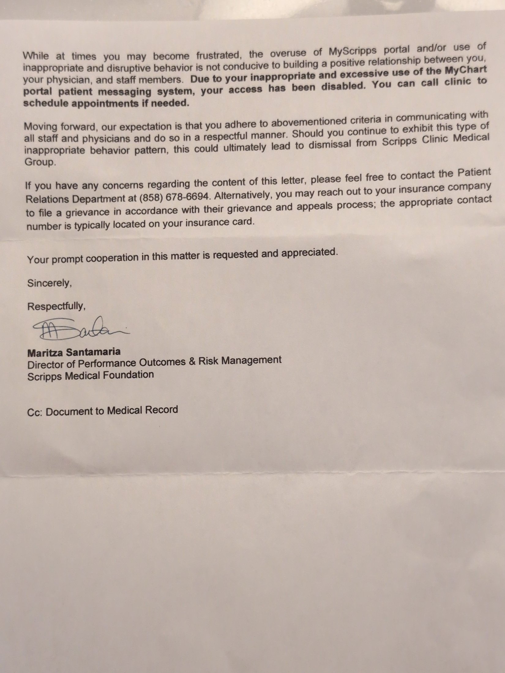 21 Nov 2025, page 2 — portal access disabled. Dismissal is a warning, not this letter’s act.