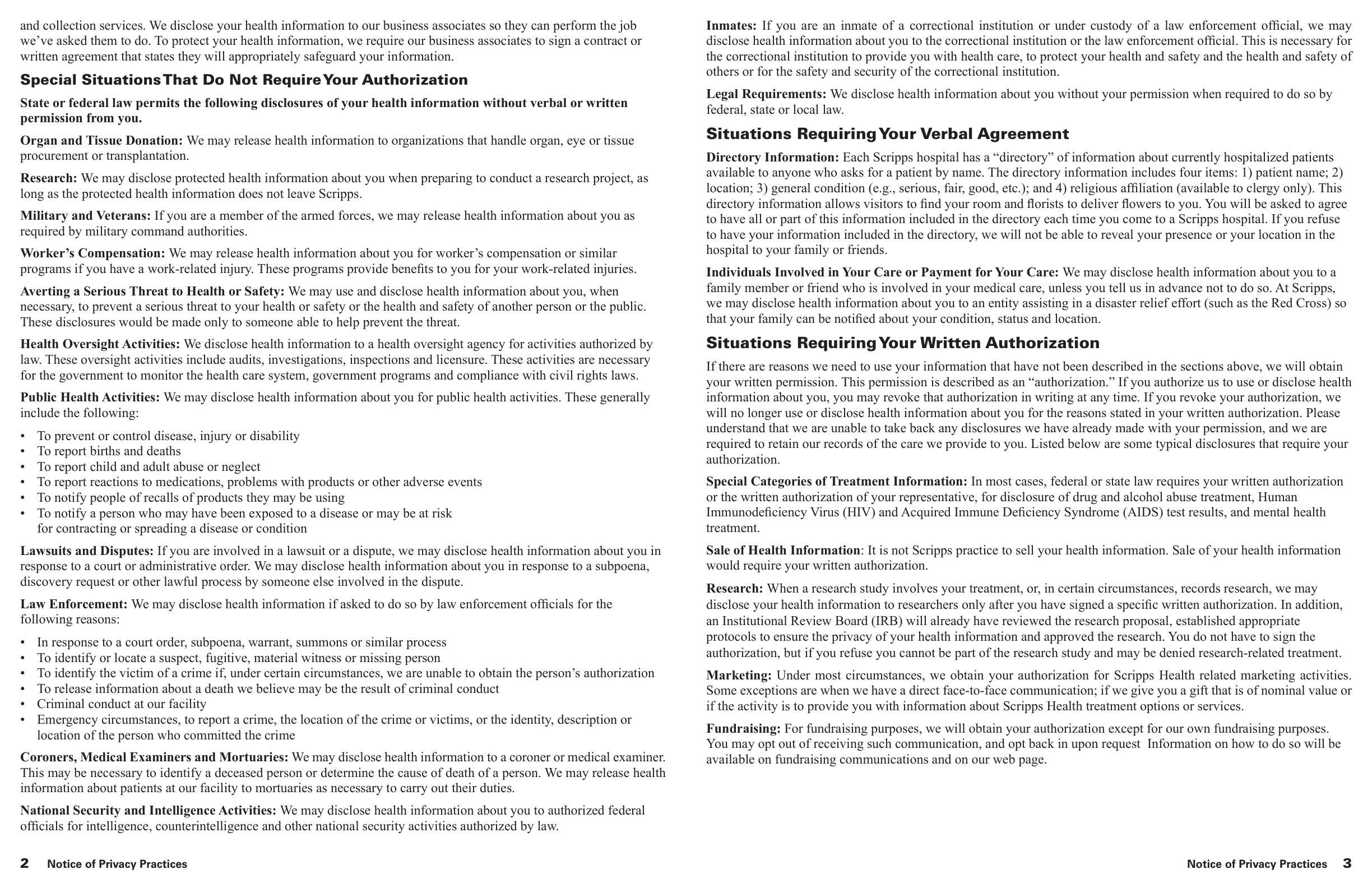 Notice of Privacy Practices — pages 2 and 3 of the spread