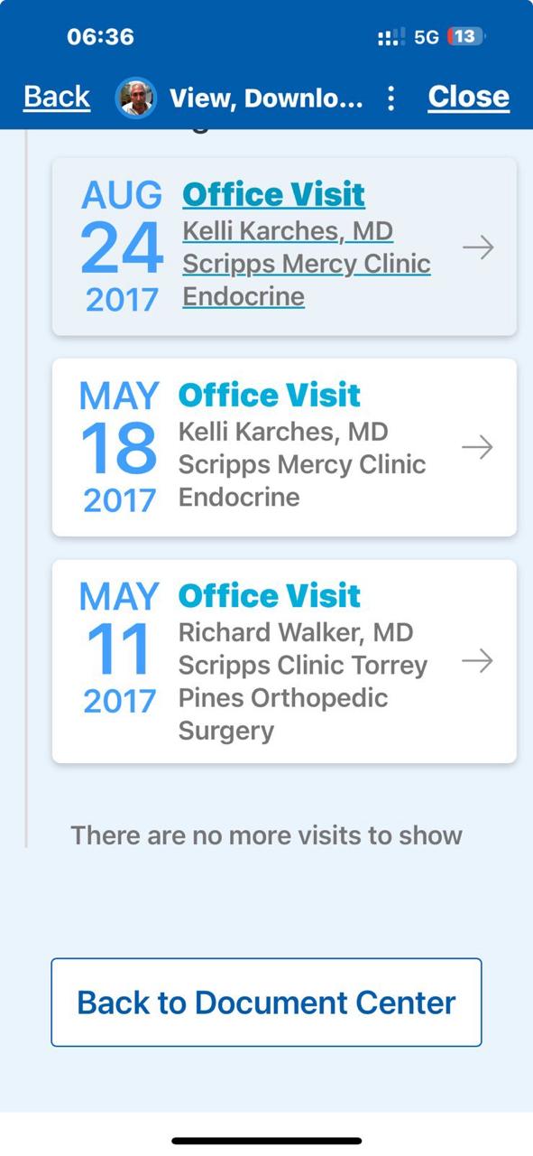 Visit list — last printed orthopedic visit 11 May 2017