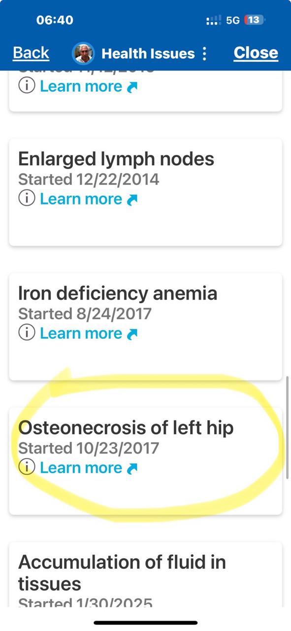 Health Issues — osteonecrosis of left hip, started 10/23/2017